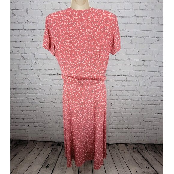Papillon Pink 100% Silk Leaf Print Short Sleeve Belted Lined Long Wrap Dress 16 - Picture 2 of 14